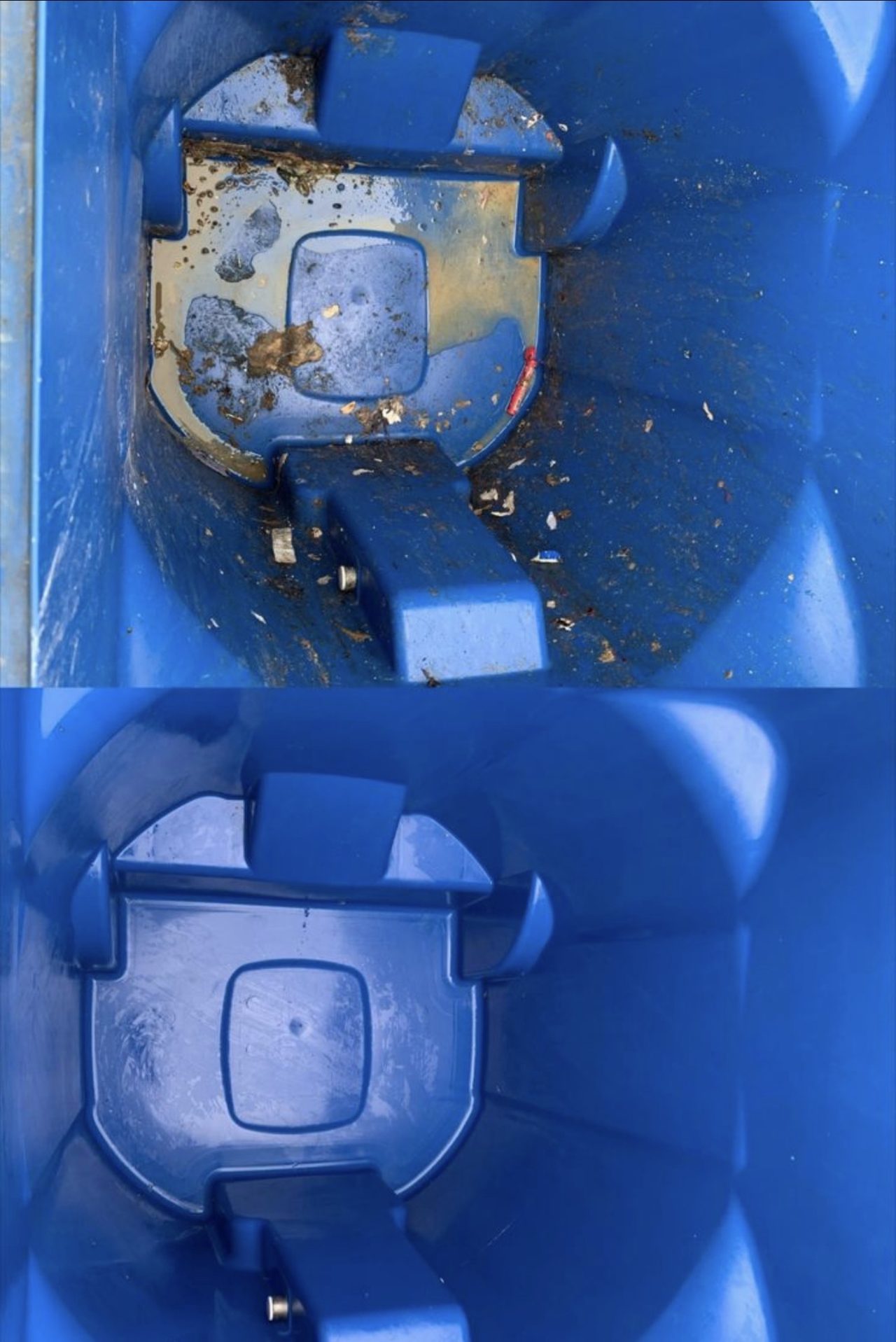The inside of a blue garbage bin, split top and bottom: the top half caked with dried grime and debris, the bottom half scrubbed back to clean blue plastic.